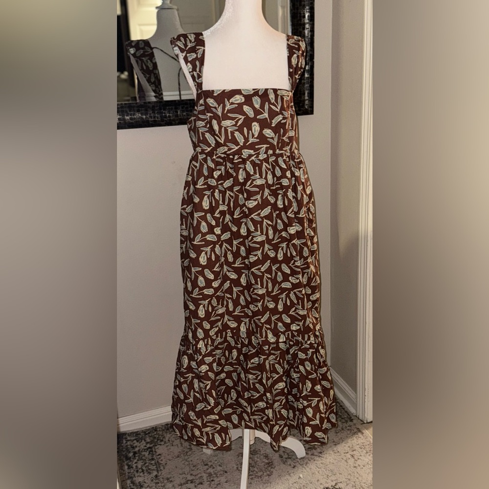 New aureum brown blue floral poplin fall boutique midi dress